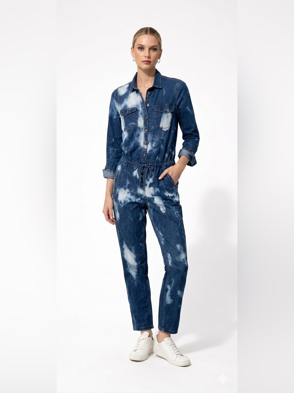 Hand-Dyed Bleach Denim Jumpsuit Utility Tie Dye XS
